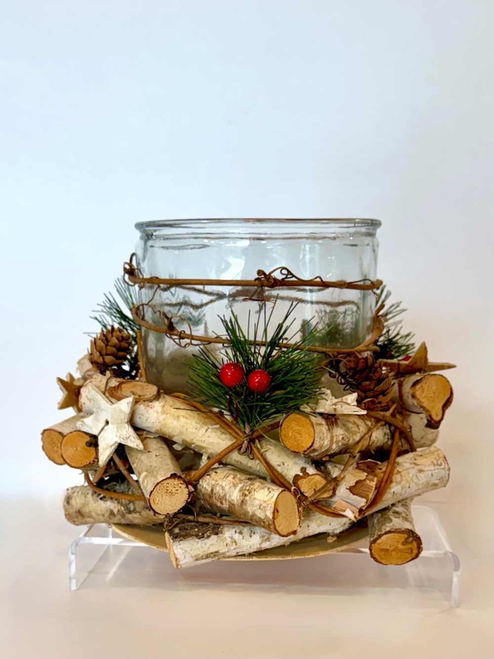 Rustic Christmas Birch Log Candle Holder Centerpiece Pinecones Stars Faux Berrie
